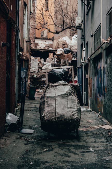 A man with curly black hair, wearing a dark T-shirt and plaid shorts, stands beside an overflowing white skip filled with a variety of construction and household waste materials, including wooden plan