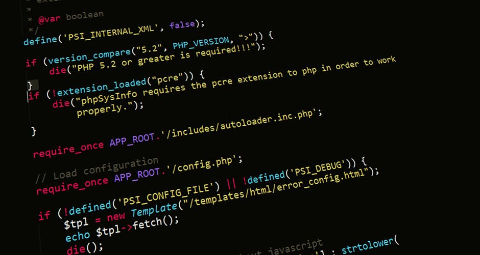 A computer screen displaying lines of PHP and JavaScript code in a text editor, with syntax highlighting in vibrant colors such as purple, yellow, green, and pink. The code includes functions for stri